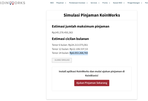 Simulasi Pinjaman Koinworks (foto: Koinworks