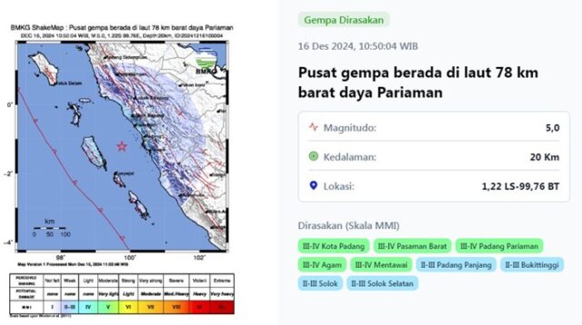 Gempabumi Tektonik 5,0 SR Guncang Padang Pariaman, BMKG : Tidak Berpotensi Tsunami