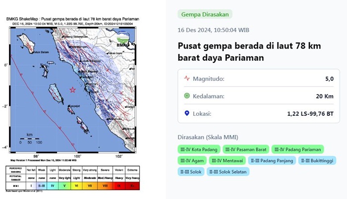 Gempabumi Tektonik 5,0 SR Guncang Padang Pariaman, BMKG : Tidak Berpotensi Tsunami