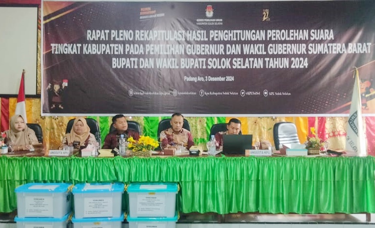 KPU Solok Selatan Tetapkan perolehan suara Calon Gubernur dan Wakil Gubernur Sumatera Barat, calon Bupati dan Wakil Bupati Solok Selatan pada Pilkada serentak tahun 2024.