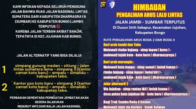 Jalan Lintas Sumatera di Perbatasan Sumbar-Jambi Putus Total, Ini Jalur Alternatifnya