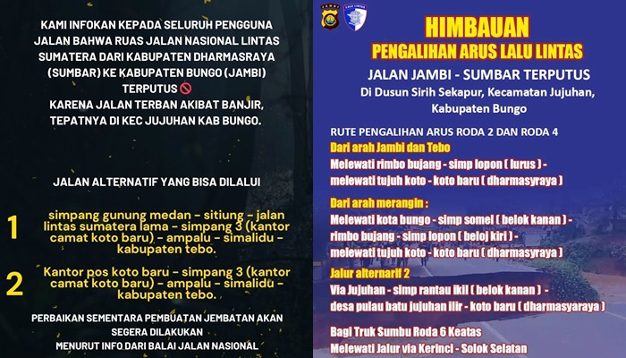 Jalan Lintas Sumatera di Perbatasan Sumbar-Jambi Putus Total, Ini Jalur Alternatifnya